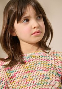 Pull en tricot multicolore avec un motif perforé, mettant en avant des accents roses, verts et bleus. Encolure ronde et manches courtes.