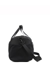 Borsa nera di forma rettangolare, realizzata in materiale liscio. Presenta una tracolla regolabile e un manico superiore, design minimalista, senza loghi visibili.