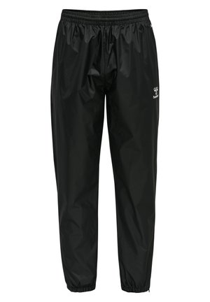 Black waterproof pants with elastic waistband and cuffs. Features a small logo on the left leg. Smooth, shiny texture. Lightweight design.