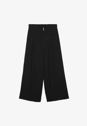 Pantalon noir à jambes larges et courtes, taille haute, plis avant et fermeture à double bouton.