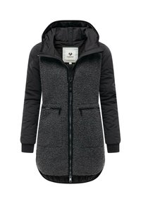 Svart och grå jacka med fleece-textur på kroppen, slätt tyg på ärmarna, hel dragkedja och två framfickor.