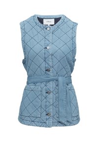 Gepatchte Jeansweste in Hellblau mit einem Bindegürtel, Vorderknöpfen und zwei aufgesetzten Taschen. Kontrastierende Nähte mit einem Rautenmuster.