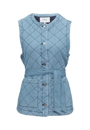 Gepatchte Jeansweste in Hellblau mit einem Bindegürtel, Vorderknöpfen und zwei aufgesetzten Taschen. Kontrastierende Nähte mit einem Rautenmuster.