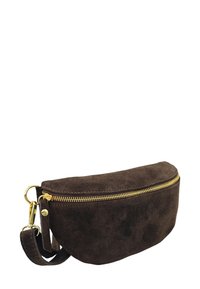 Sac en cuir suédé marron porté travers avec une fermeture éclair dorée, forme arrondie et bandoulière amovible. Texture lisse avec un design minimaliste.