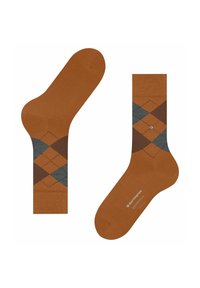 Calze argyle marroni con motivi diagonali in marrone scuro e teal, realizzate in un tessuto morbido con una vestibilità comoda e rifinite con un marchio.