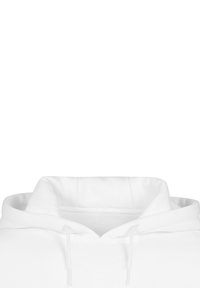 White hoodie with a large front pocket, drawstrings, and a spacious hood. Smooth fabric texture and a simple, minimalistic design.