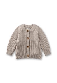 Beige gestrickte Strickjacke mit Ribbelstruktur, rundem Ausschnitt und fünf Holzknöpfen auf der Vorderseite. Lange Ärmel und eine lockere Passform.