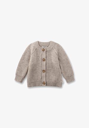 Beige gestrickte Strickjacke mit Ribbelstruktur, rundem Ausschnitt und fünf Holzknöpfen auf der Vorderseite. Lange Ärmel und eine lockere Passform.