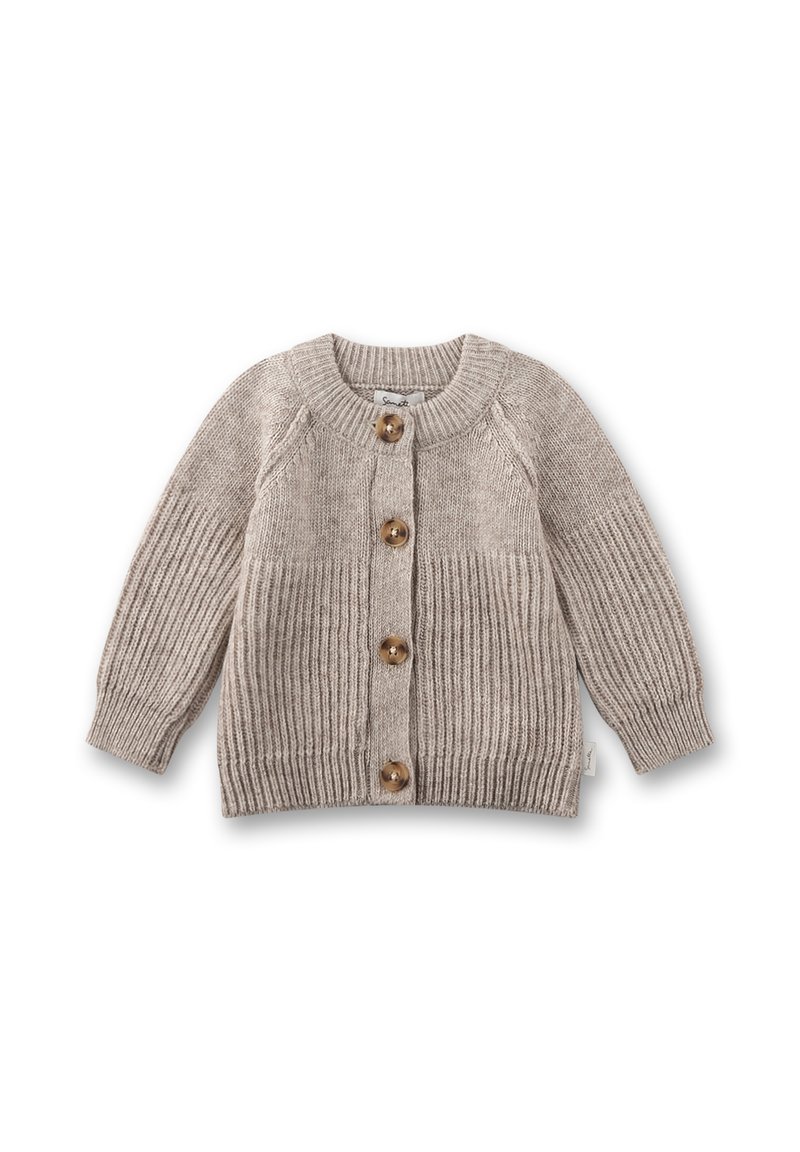 Beige gestrickte Strickjacke mit Ribbelstruktur, rundem Ausschnitt und fünf Holzknöpfen auf der Vorderseite. Lange Ärmel und eine lockere Passform.