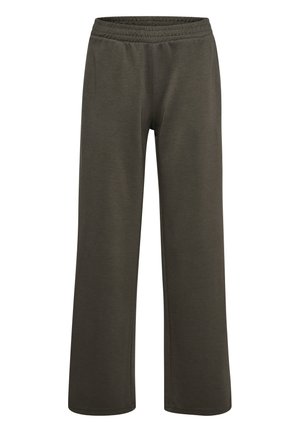 Olivengrønne bukser med vide ben og elastisk linning, lavet af blødt, let stof, designet til afslappet og komfortabelt brug.