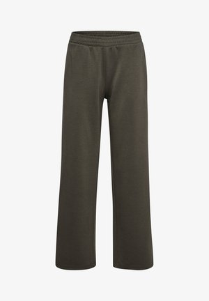 Oliwkowo-zielone spodnie o szerokich nogawkach z elastyczną talią, wykonane z miękkiego, lekkiego materiału, zaprojektowane do codziennego i wygodnego noszenia.