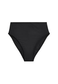 Bas de bikini noir taille haute avec un design simple et lisse et une couverture complète, posé à plat sur fond blanc.