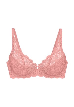 Roze kanten bh met beugel, decoratieve getande randen en bloemenpatronen. Verstelbare bandjes en een centrale keyhole-structuur.