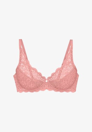 Rosa Spitzen-BH mit Bügel, dekorativen gezackten Rändern und Blumenmustern. Verstellbare Träger und ein mittiges Schlüsselloch-Detail.