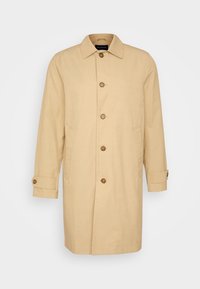 Beige enkelvoudig trenchcoat met bruine knopen, rechte kraag, zijzakken en ingestikte banden bij de mouwen.