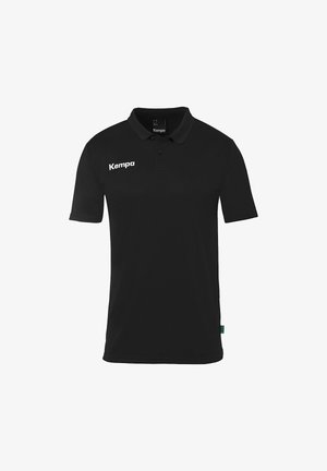 Zwarte polo gemaakt van ademend materiaal met een klassieke kraag en korte mouwen. Beschikt over een wit "Kempa" logo op de linkerborst.