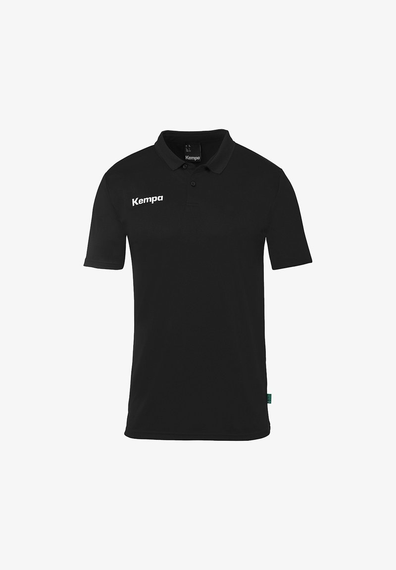 Zwarte polo gemaakt van ademend materiaal met een klassieke kraag en korte mouwen. Beschikt over een wit "Kempa" logo op de linkerborst.