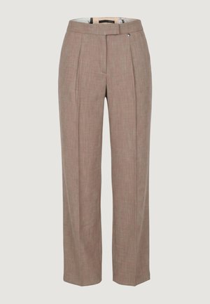 Pantalon marron taille haute, cintré, avec plis sur le devant, poches latérales, et fermeture avant dissimulée par boutons et zip.