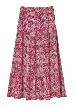 Floraler Midirock in Rosa- und Rottönen mit gestuftem Volant-Saum, gefertigt aus leichtem Stoff mit filigranen Pflanzenmustern.