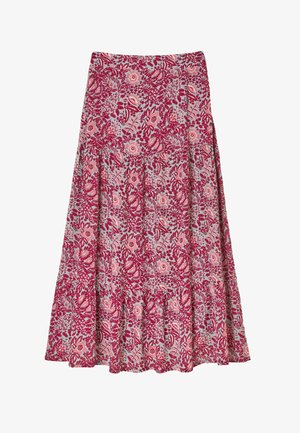 Floraler Midirock in Rosa- und Rottönen mit gestuftem Volant-Saum, gefertigt aus leichtem Stoff mit filigranen Pflanzenmustern.