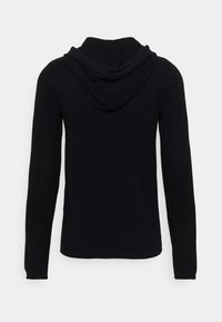 Black hooded sweatshirt with long sleeves, made of textured fabric, featuring a rounded hem and a draped neckline. No visible branding or accents.