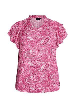 Różowa bluzka z krótkim rękawem, z falbaniastymi rękawami i dekoltem, zdobiona misternym wzorem paisley i kwiatowym.