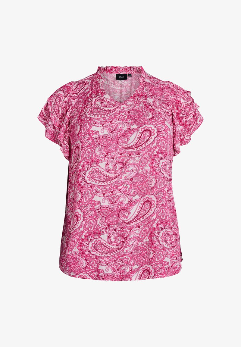 Blouse rose à manches courtes avec des manches et un col volantés, ornée d'un motif complexe de paisley et floral.