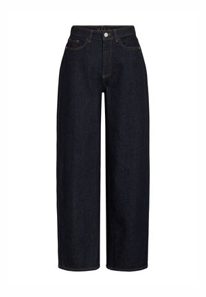 Mörk denim jeans med vida ben och hög midja, med framfickor, dragkedjeförslutning och kontrasterande sömmar. Mjuk textur.