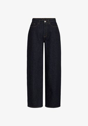 Mörk denim jeans med vida ben och hög midja, med framfickor, dragkedjeförslutning och kontrasterande sömmar. Mjuk textur.