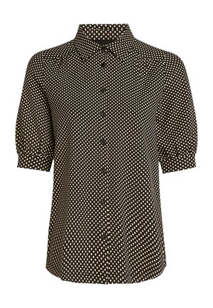 Czarna koszula z białym wzorem w kropki, krótkimi bufkowatymi rękawami, kołnierzykiem i czarnymi guzikami z przodu. Miękka tekstura tkaniny.
