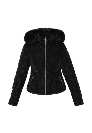 Schwarze Steppjacke mit strukturierter Oberfläche, Kunstpelzkapuze, Reißverschluss und zwei seitlichen Reißverschlusstaschen. Mit gestepptem Design und goldfarbenen Akzenten.