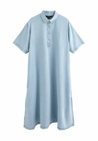 Lichtblauwe spijkerjurk met een kraag, korte mouwen en knoopsluiting aan de voorkant. Bevat zijsplitten en heeft een comfortabele pasvorm.