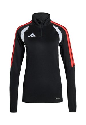 Haut de sport noir à manches longues avec col montant. Présente des accents rouges et blancs sur les manches. Fabriqué en matière évacuant l'humidité. Logo de la marque visible.