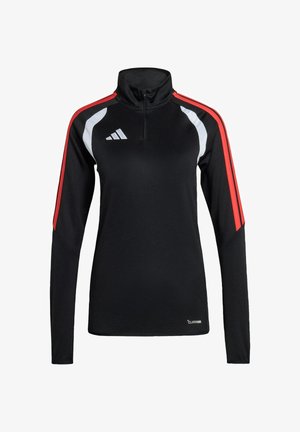 Haut de sport noir à manches longues avec col montant. Présente des accents rouges et blancs sur les manches. Fabriqué en matière évacuant l'humidité. Logo de la marque visible.