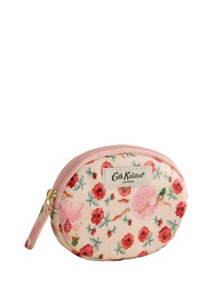 Malá oválná růžová květinová taštička s červenými květy, baletním vzorem, růžovým zipem a logem Cath Kidston London na přední straně.