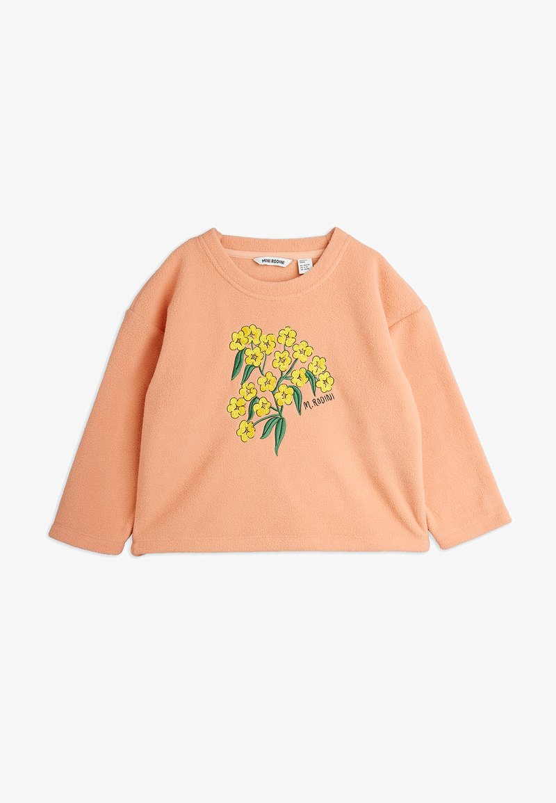 Sweatshirt de lã pêssego com decote redondo, apresenta bordados florais amarelos na frente, mangas longas e um design de ajuste solto.