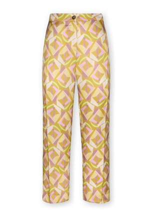 High-waist straight-leg pants with geometric pattern in mustard yellow, light pink, cream, and green, featuring a button closure at the waist.