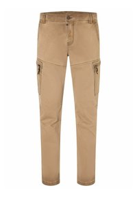 Beige Cargohose mit schlanker Passform, zwei Seitentaschen, Knopfverschluss und einem glatten Baumwollmischgewebe.