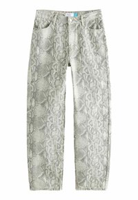 Ljust grå jeans med ett orm-mönster, fem fickor och knappflyg. Tillverkade av denim med en något texturerad yta.