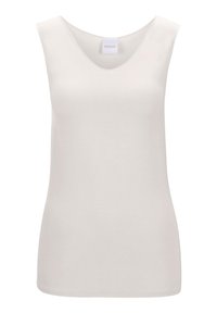 Wit mouwloos tanktop met een V-hals ontwerp, gemaakt van gladde stof. Heeft een reguliere pasvorm en een eenvoudige, minimalistische stijl.