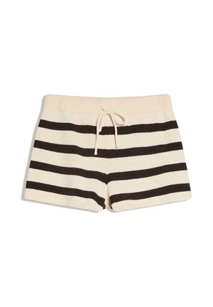 Krémové a tmavě hnědé krátké pletené šortky s vodorovnými pruhy, žebrovaným elastickým pasem a předním šňůrkovým stahováním.