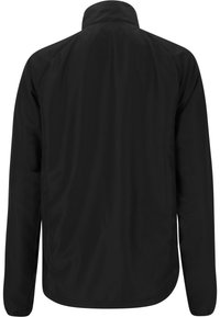 Svart lätt jacka med hög krage, långa ärmar och en slät yta. Har en enkel design och minimala sömdetaljer.