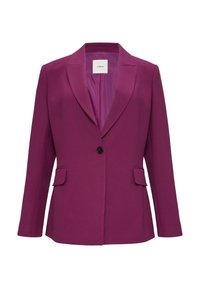 Fuksia kavaj med slagkrage, enkel knappstängning, två framfickor och en slät yta. Fodrad inredning i en komplementär nyans.