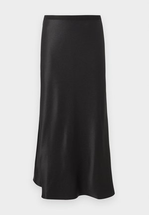 Jupe midi en satin noir avec une ceinture droite et un léger évasement à l’ourlet, présentée sur fond blanc.