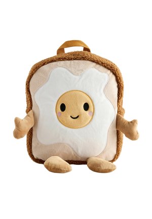 Zaino in peluche a forma di fetta di pane con un design di uovo fritto sorridente, braccia, gambe morbide e maniglia superiore.