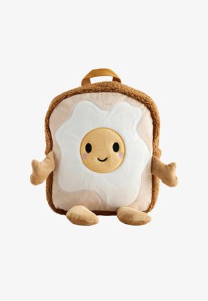 Zaino in peluche a forma di fetta di pane con un design di uovo fritto sorridente, braccia, gambe morbide e maniglia superiore.