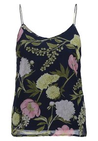 Granatowy top na ramiączkach z cienkimi paskami, ozdobiony kwiatowym wzorem w odcieniach różu, bieli i zieleni, wykonany z lekkiego materiału o gładkiej fakturze.