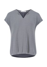 Top grigio a maniche corte con scollatura a V, caratterizzato da un motivo a pois e un orlo curvo. Realizzato in tessuto leggero, con una consistenza morbida.