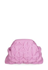 Borsa a mano rosa, trapuntata, con forma arrotondata, realizzata in materiale liscio. Presenta una texture arricciata e una chiusura con zip.