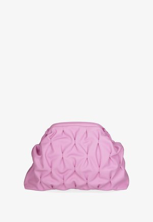 Roze, gequilt abonnement met een ronde vorm, gemaakt van glad materiaal. Heeft een gerimpelde textuur en een ritsafsluiting.